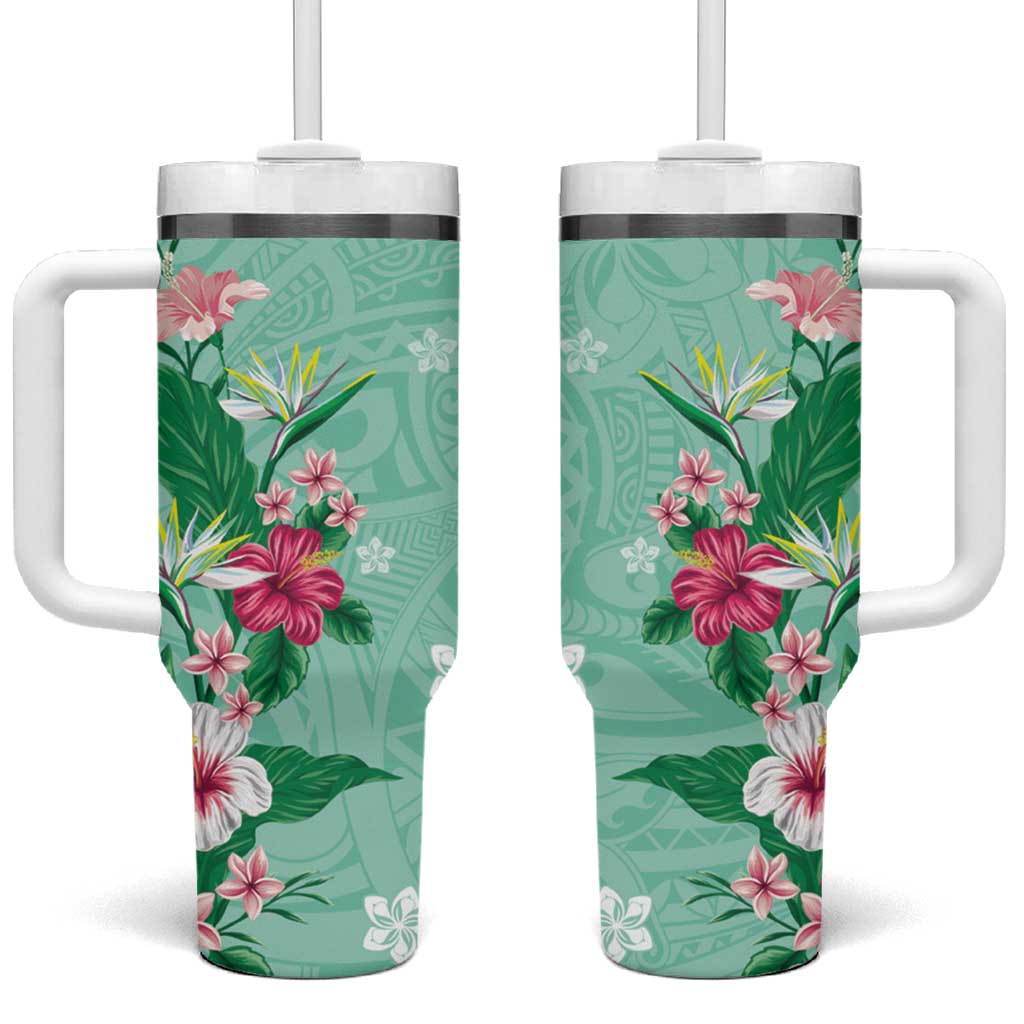 Hawaii Tropical Flowers Tumbler With Handle Polynesian Tattoo Mint Green