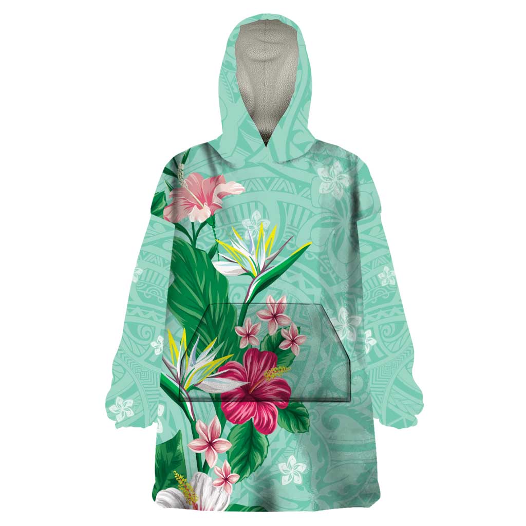 Hawaii Tropical Flowers Wearable Blanket Hoodie Polynesian Tattoo Mint Green