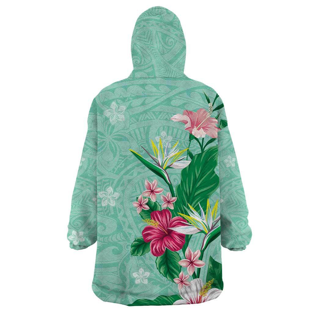 Hawaii Tropical Flowers Wearable Blanket Hoodie Polynesian Tattoo Mint Green LT05 - Polynesian Pride