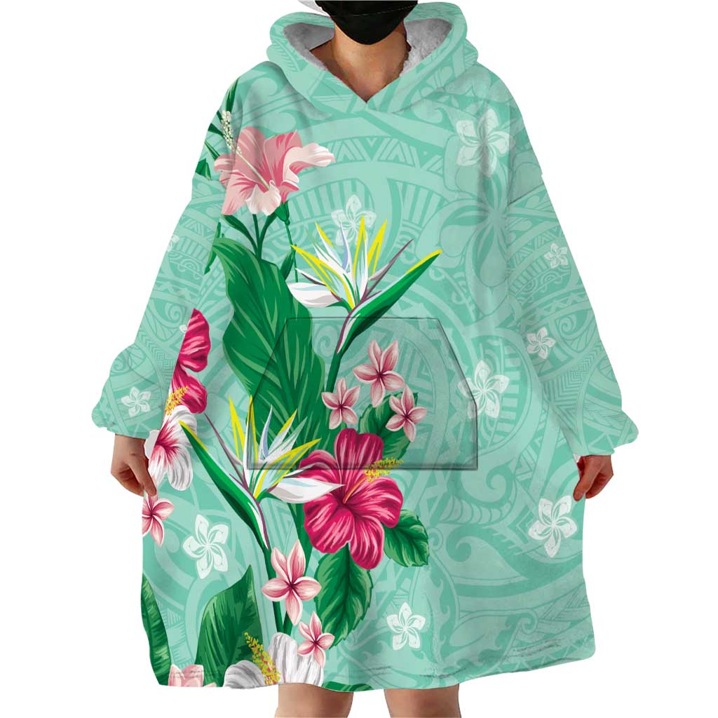 Hawaii Tropical Flowers Wearable Blanket Hoodie Polynesian Tattoo Mint Green LT05 - Polynesian Pride