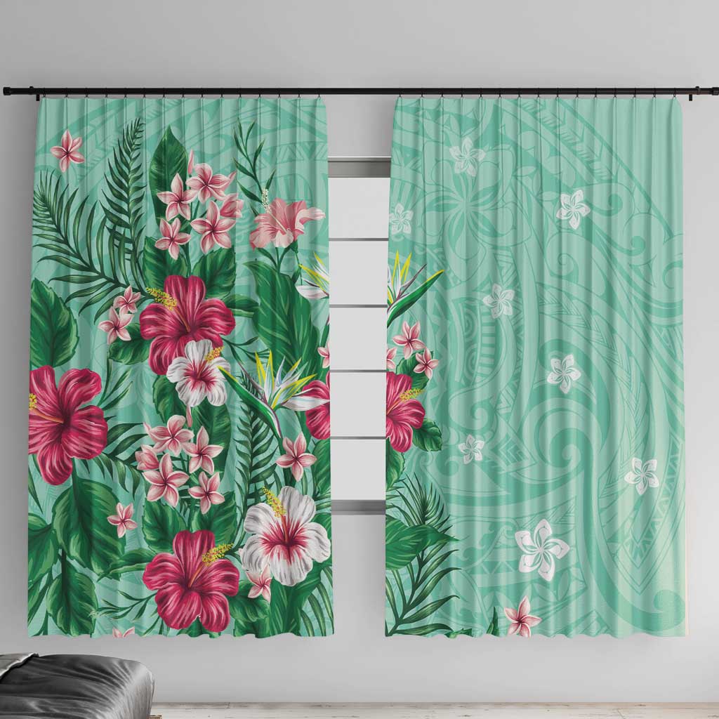 Hawaii Tropical Flowers Window Curtain Polynesian Tattoo Mint Green LT05 With Hooks Green - Polynesian Pride