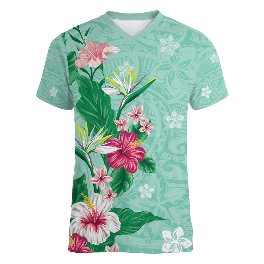 Hawaii Tropical Flowers Women V-Neck T-Shirt Polynesian Tattoo Mint Green