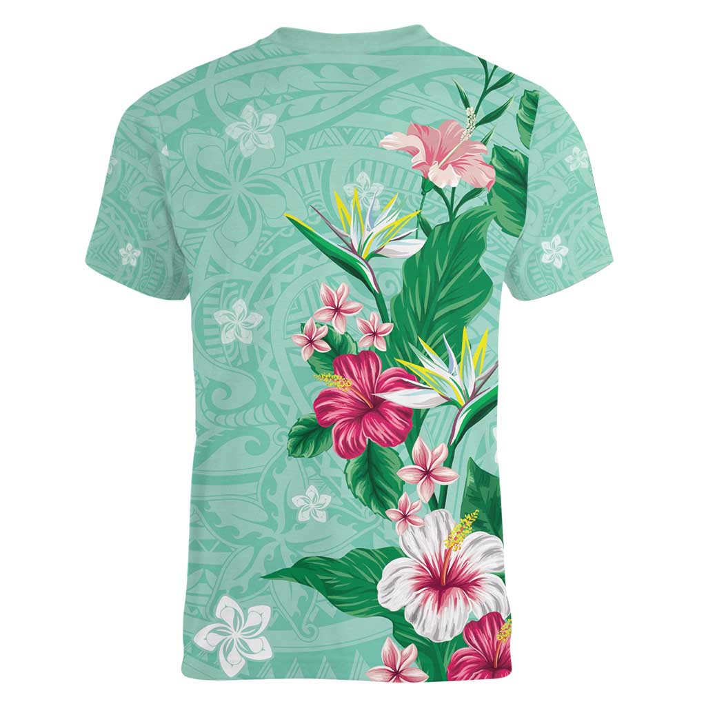 Hawaii Tropical Flowers Women V-Neck T-Shirt Polynesian Tattoo Mint Green LT05 - Polynesian Pride