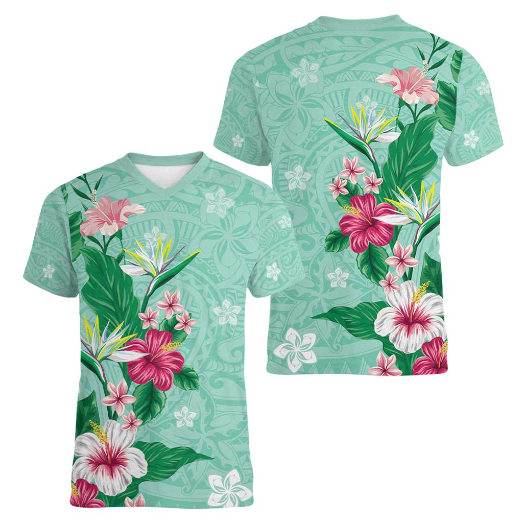 Hawaii Tropical Flowers Women V-Neck T-Shirt Polynesian Tattoo Mint Green LT05 - Polynesian Pride