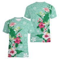 Hawaii Tropical Flowers Women V-Neck T-Shirt Polynesian Tattoo Mint Green LT05 - Polynesian Pride