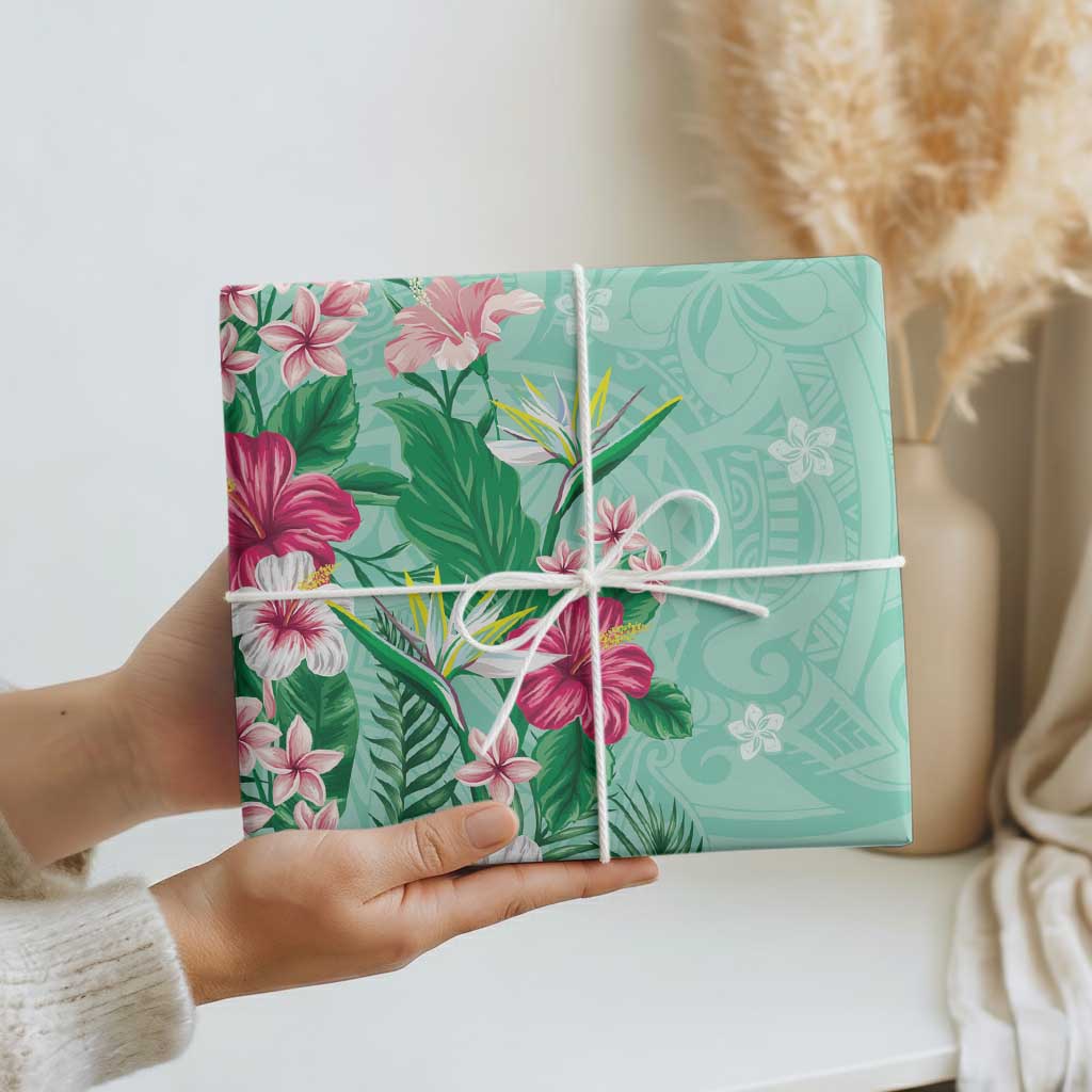 Hawaii Tropical Flowers Wrapping Paper Polynesian Tattoo Mint Green LT05 - Polynesian Pride