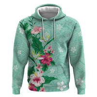 Hawaii Tropical Flowers Zip Hoodie Polynesian Tattoo Mint Green
