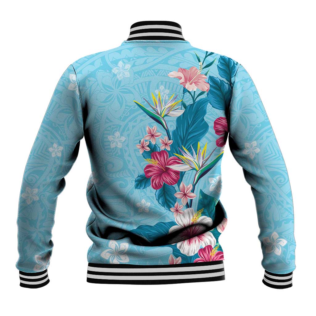 Hawaii Tropical Flowers Baseball Jacket Polynesian Tattoo Sky Blue LT05 - Polynesian Pride