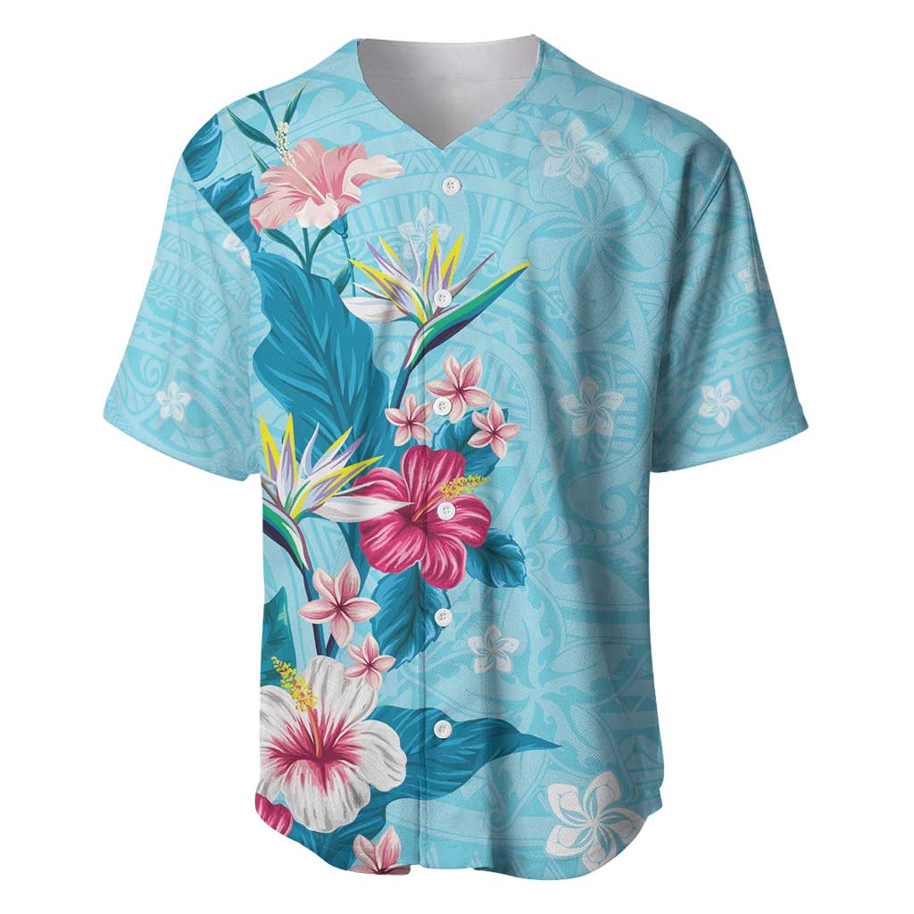 Hawaii Tropical Flowers Baseball Jersey Polynesian Tattoo Sky Blue