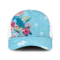 Hawaii Tropical Flowers Baseball Net Cap Polynesian Tattoo Sky Blue LT05 One Size White Blue - Polynesian Pride