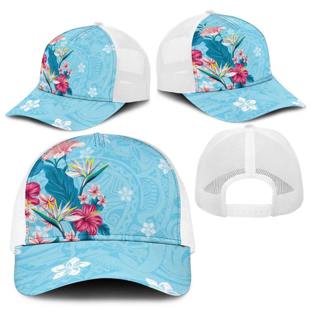 Hawaii Tropical Flowers Baseball Net Cap Polynesian Tattoo Sky Blue LT05 - Polynesian Pride
