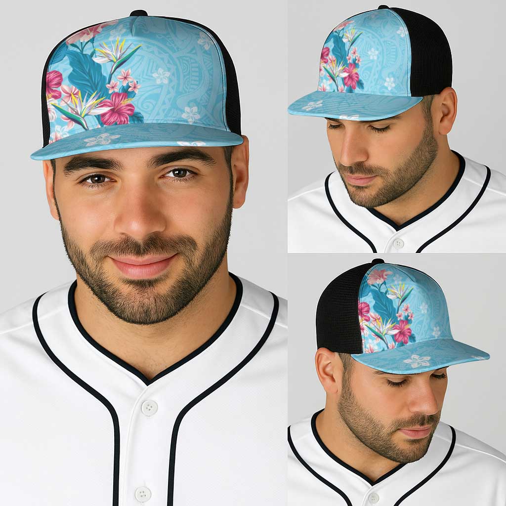 Hawaii Tropical Flowers Baseball Net Cap Polynesian Tattoo Sky Blue LT05 - Polynesian Pride