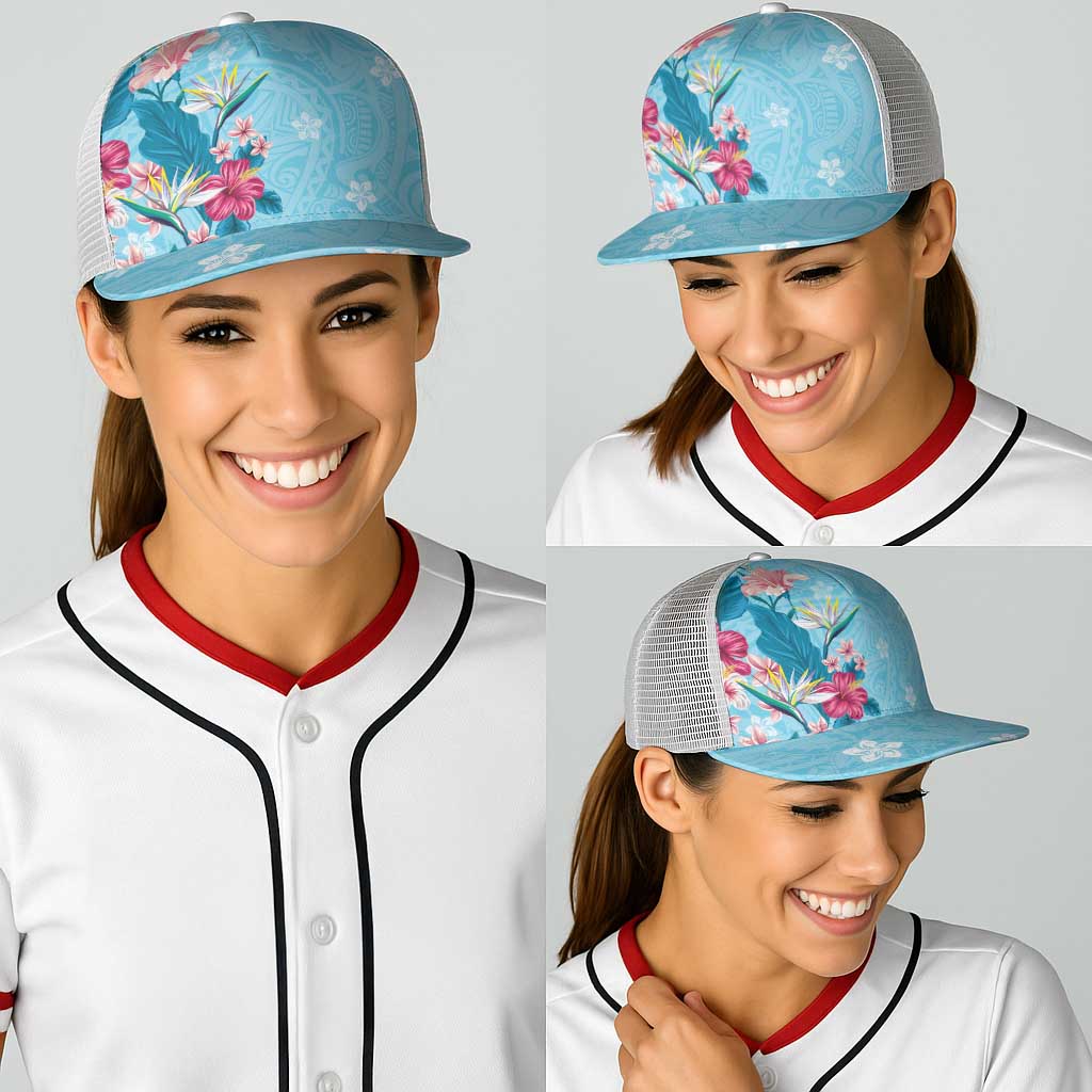 Hawaii Tropical Flowers Baseball Net Cap Polynesian Tattoo Sky Blue LT05 - Polynesian Pride