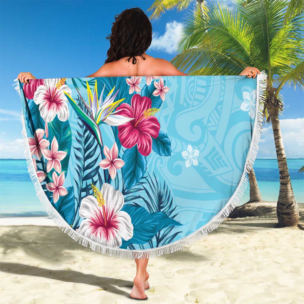 Hawaii Tropical Flowers Beach Blanket Polynesian Tattoo Sky Blue LT05 - Polynesian Pride