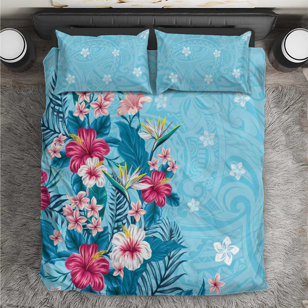 Hawaii Tropical Flowers Bedding Set Polynesian Tattoo Sky Blue