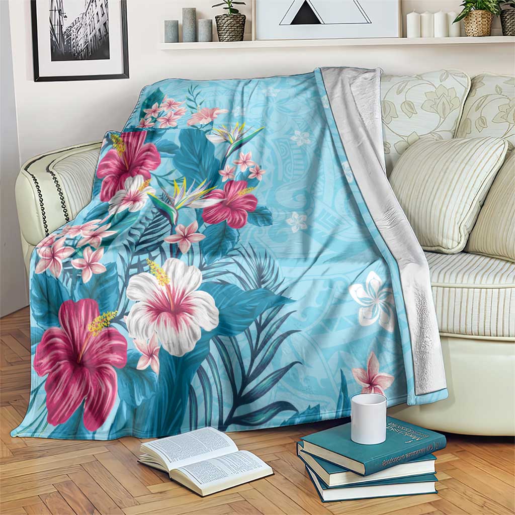 Hawaii Tropical Flowers Blanket Polynesian Tattoo Sky Blue LT05 Blue - Polynesian Pride