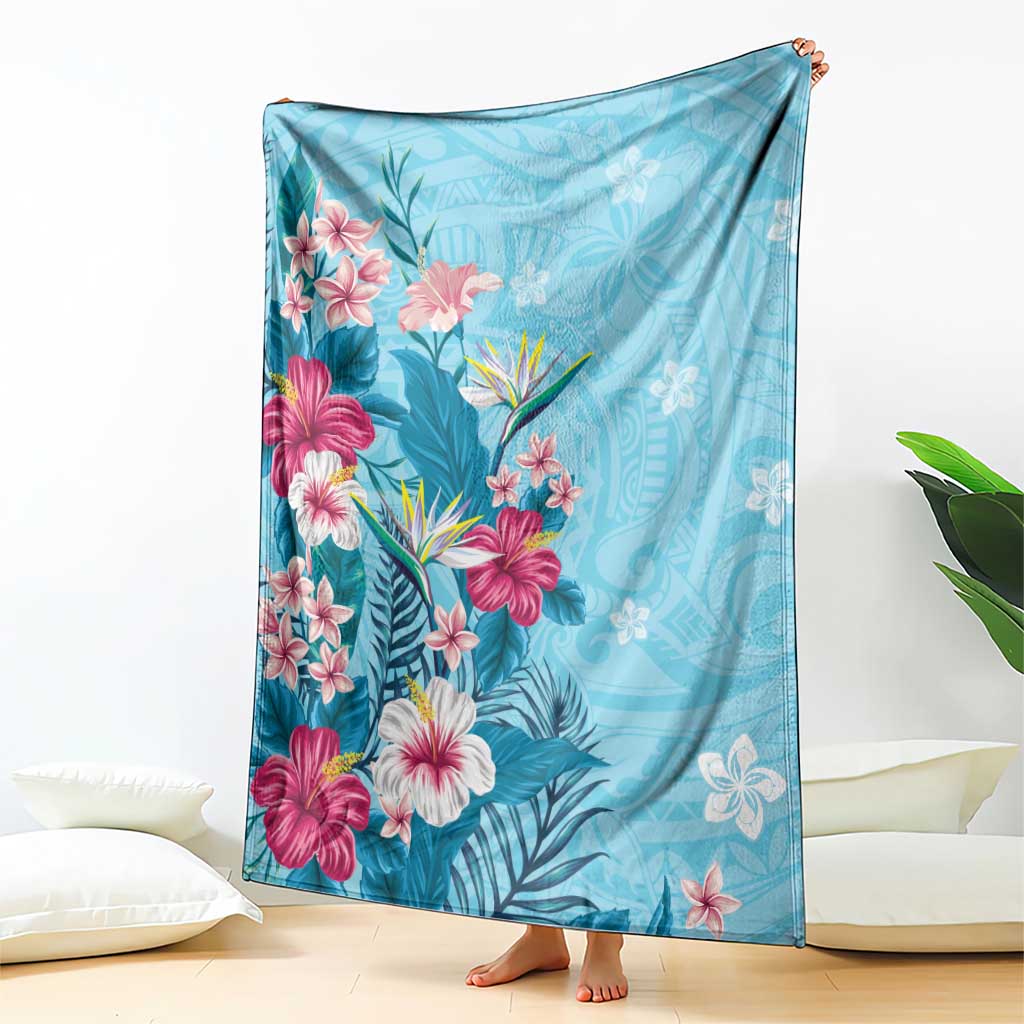 Hawaii Tropical Flowers Blanket Polynesian Tattoo Sky Blue LT05 - Polynesian Pride