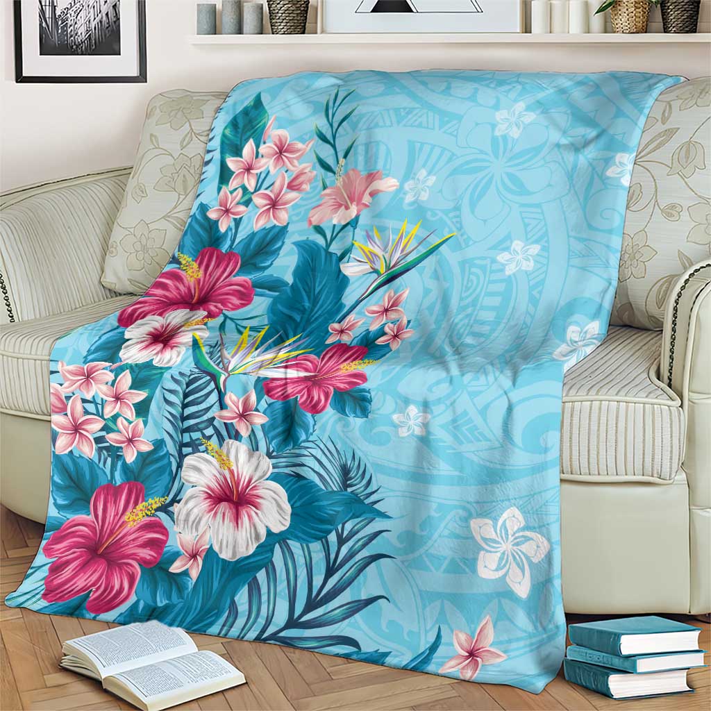 Hawaii Tropical Flowers Blanket Polynesian Tattoo Sky Blue LT05 - Polynesian Pride