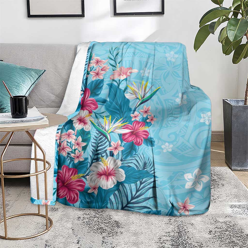 Hawaii Tropical Flowers Blanket Polynesian Tattoo Sky Blue LT05 - Polynesian Pride