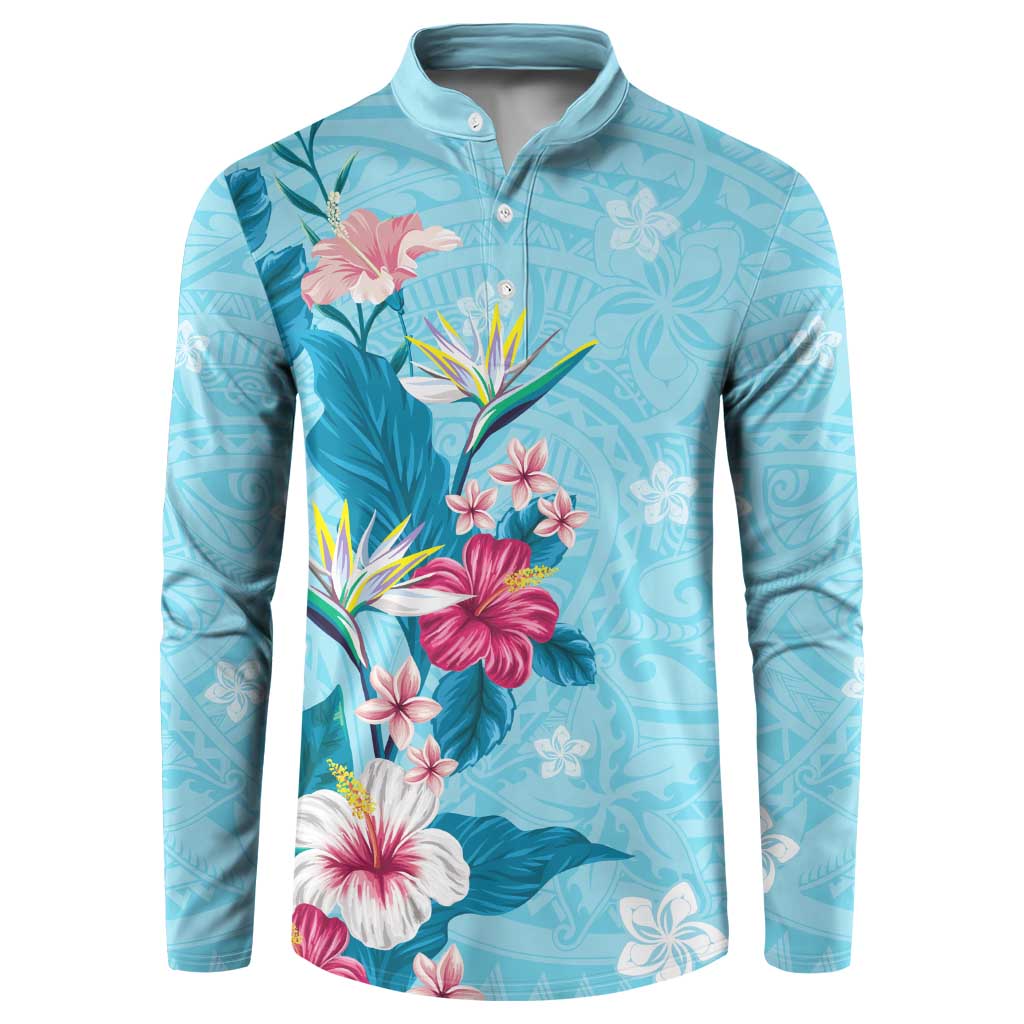 Hawaii Tropical Flowers Button Sweatshirt Polynesian Tattoo Sky Blue