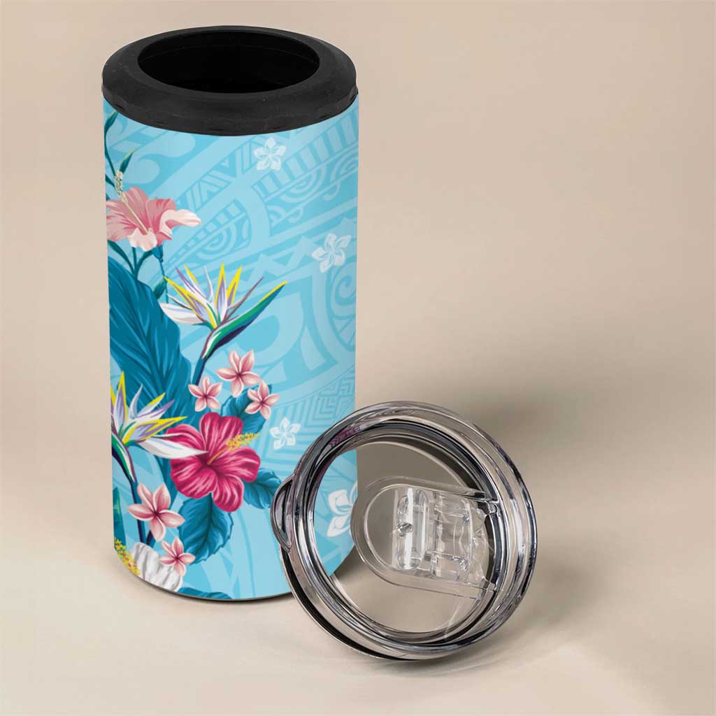 Hawaii Tropical Flowers 4 in 1 Can Cooler Tumbler Polynesian Tattoo Sky Blue
