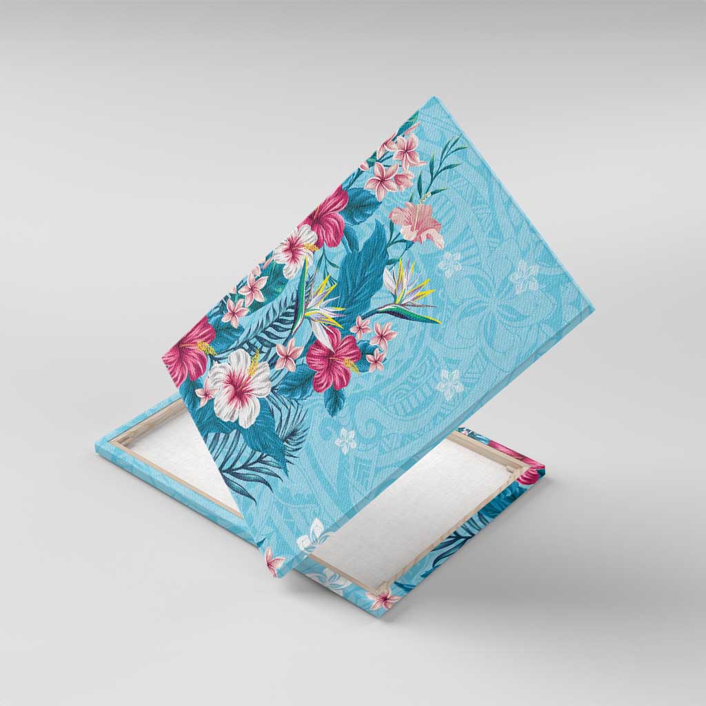 Hawaii Tropical Flowers Canvas Wall Art Polynesian Tattoo Sky Blue LT05 With Frame Blue - Polynesian Pride