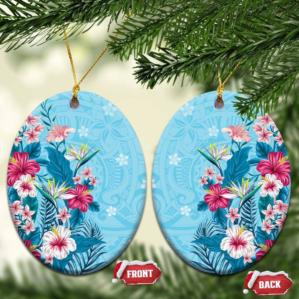 Hawaii Tropical Flowers Ceramic Ornament Polynesian Tattoo Sky Blue LT05 Oval Blue - Polynesian Pride