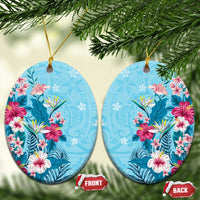 Hawaii Tropical Flowers Ceramic Ornament Polynesian Tattoo Sky Blue LT05 Oval Blue - Polynesian Pride