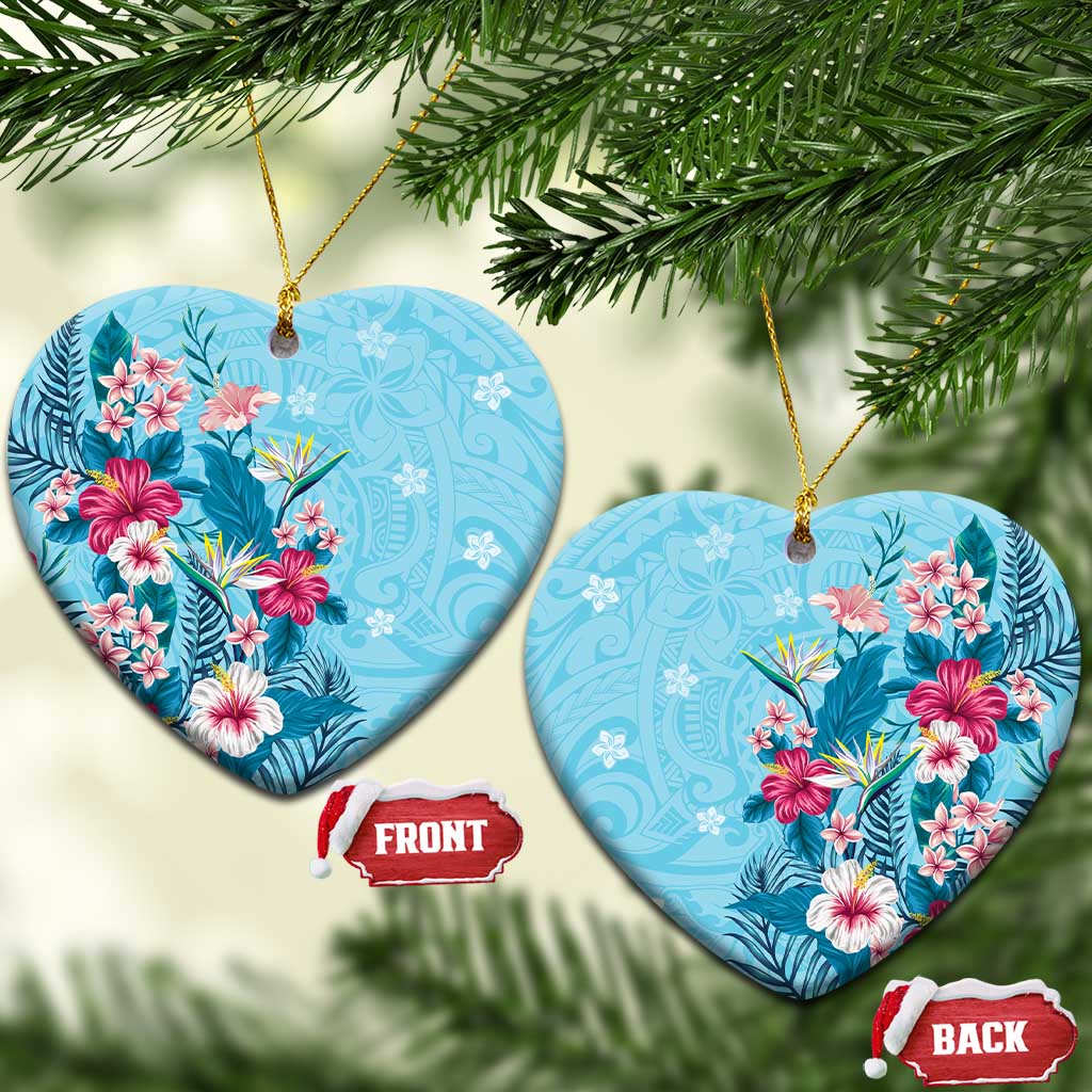 Hawaii Tropical Flowers Ceramic Ornament Polynesian Tattoo Sky Blue LT05 Heart Blue - Polynesian Pride