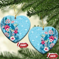Hawaii Tropical Flowers Ceramic Ornament Polynesian Tattoo Sky Blue LT05 Heart Blue - Polynesian Pride