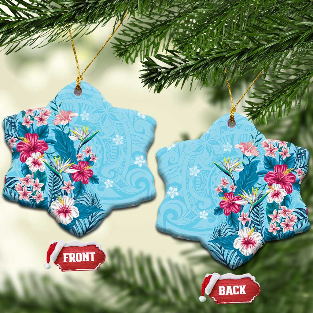 Hawaii Tropical Flowers Ceramic Ornament Polynesian Tattoo Sky Blue LT05 Snow Flake Blue - Polynesian Pride