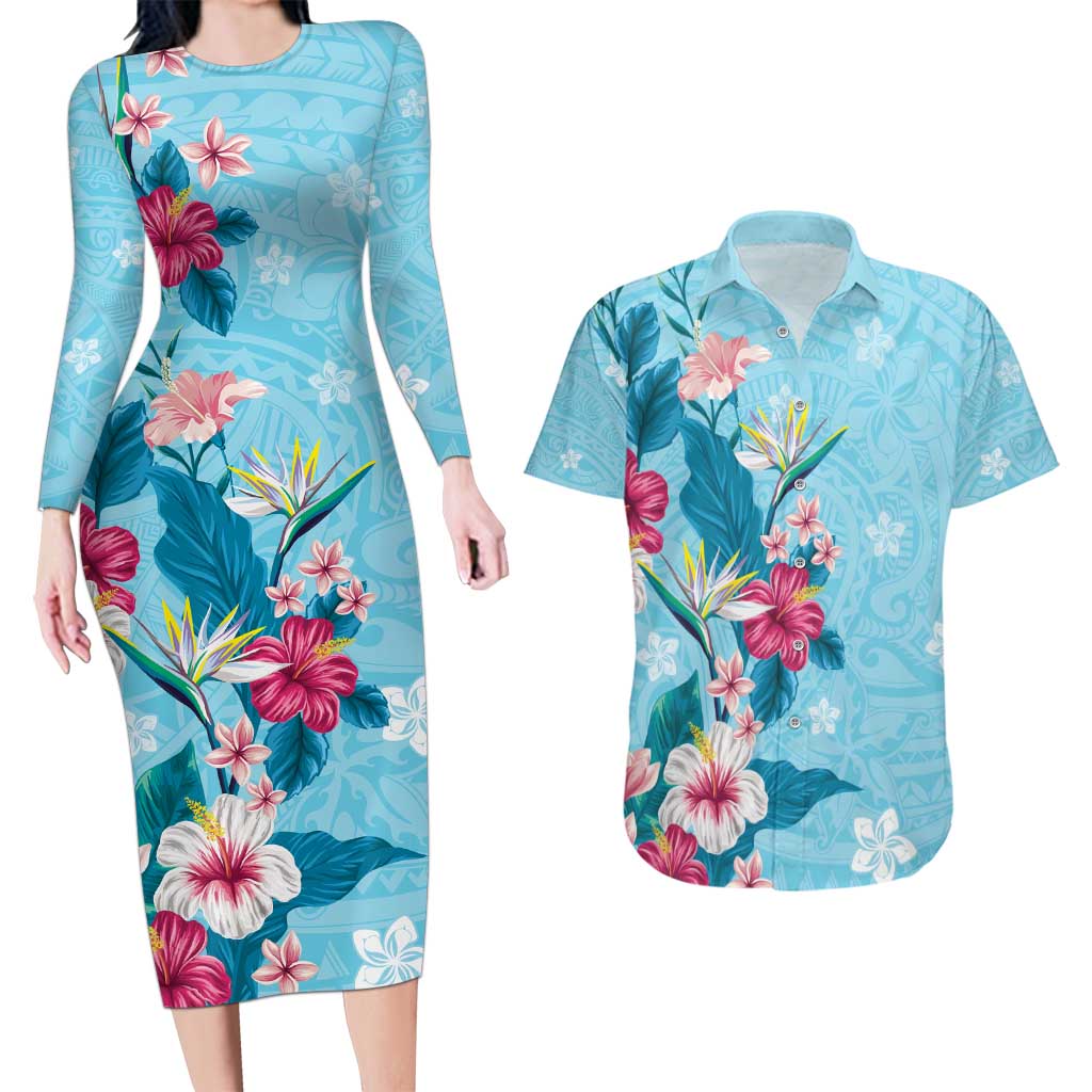 Hawaii Tropical Flowers Couples Matching Long Sleeve Bodycon Dress and Hawaiian Shirt Polynesian Tattoo Sky Blue LT05 Blue - Polynesian Pride