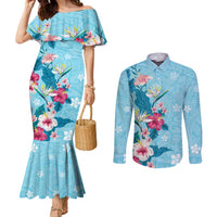 Hawaii Tropical Flowers Couples Matching Mermaid Dress and Long Sleeve Button Shirt Polynesian Tattoo Sky Blue LT05 Blue - Polynesian Pride