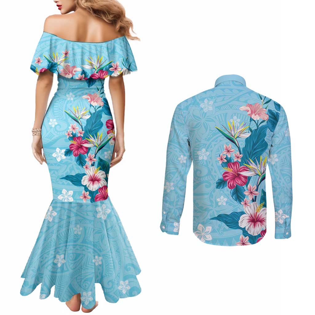 Hawaii Tropical Flowers Couples Matching Mermaid Dress and Long Sleeve Button Shirt Polynesian Tattoo Sky Blue LT05 - Polynesian Pride