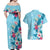 Hawaii Tropical Flowers Couples Matching Off Shoulder Maxi Dress and Hawaiian Shirt Polynesian Tattoo Sky Blue