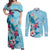 Hawaii Tropical Flowers Couples Matching Off Shoulder Maxi Dress and Long Sleeve Button Shirt Polynesian Tattoo Sky Blue