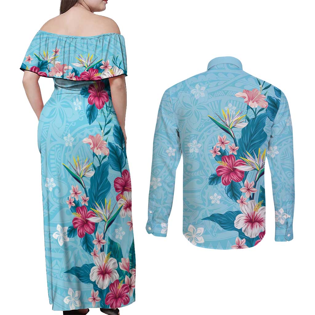 Hawaii Tropical Flowers Couples Matching Off Shoulder Maxi Dress and Long Sleeve Button Shirt Polynesian Tattoo Sky Blue LT05 - Polynesian Pride