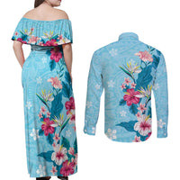 Hawaii Tropical Flowers Couples Matching Off Shoulder Maxi Dress and Long Sleeve Button Shirt Polynesian Tattoo Sky Blue LT05 - Polynesian Pride