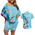 Hawaii Tropical Flowers Couples Matching Off Shoulder Short Dress and Hawaiian Shirt Polynesian Tattoo Sky Blue