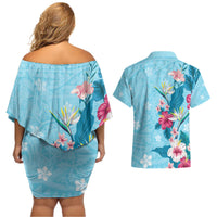Hawaii Tropical Flowers Couples Matching Off Shoulder Short Dress and Hawaiian Shirt Polynesian Tattoo Sky Blue LT05 - Polynesian Pride