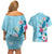 Hawaii Tropical Flowers Couples Matching Off Shoulder Short Dress and Hawaiian Shirt Polynesian Tattoo Sky Blue