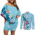 Hawaii Tropical Flowers Couples Matching Off Shoulder Short Dress and Long Sleeve Button Shirt Polynesian Tattoo Sky Blue