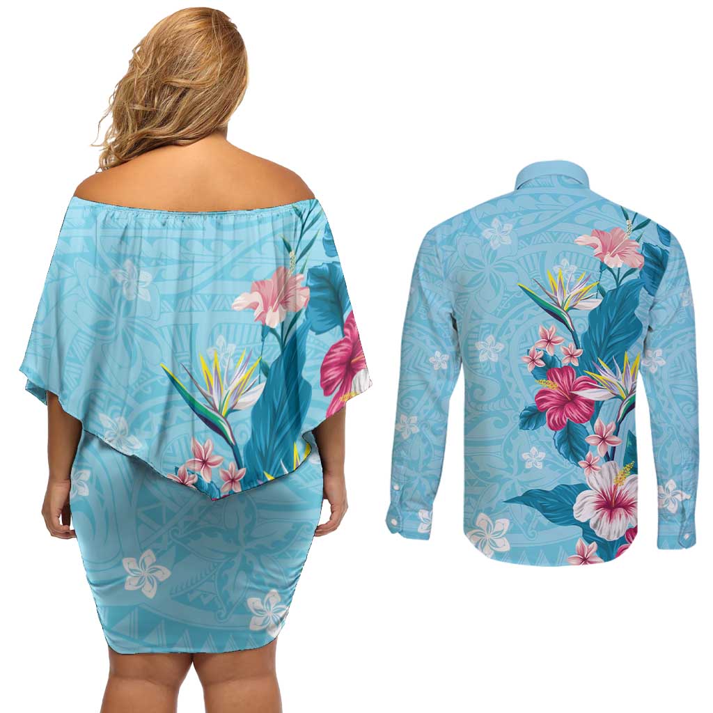 Hawaii Tropical Flowers Couples Matching Off Shoulder Short Dress and Long Sleeve Button Shirt Polynesian Tattoo Sky Blue LT05 - Polynesian Pride