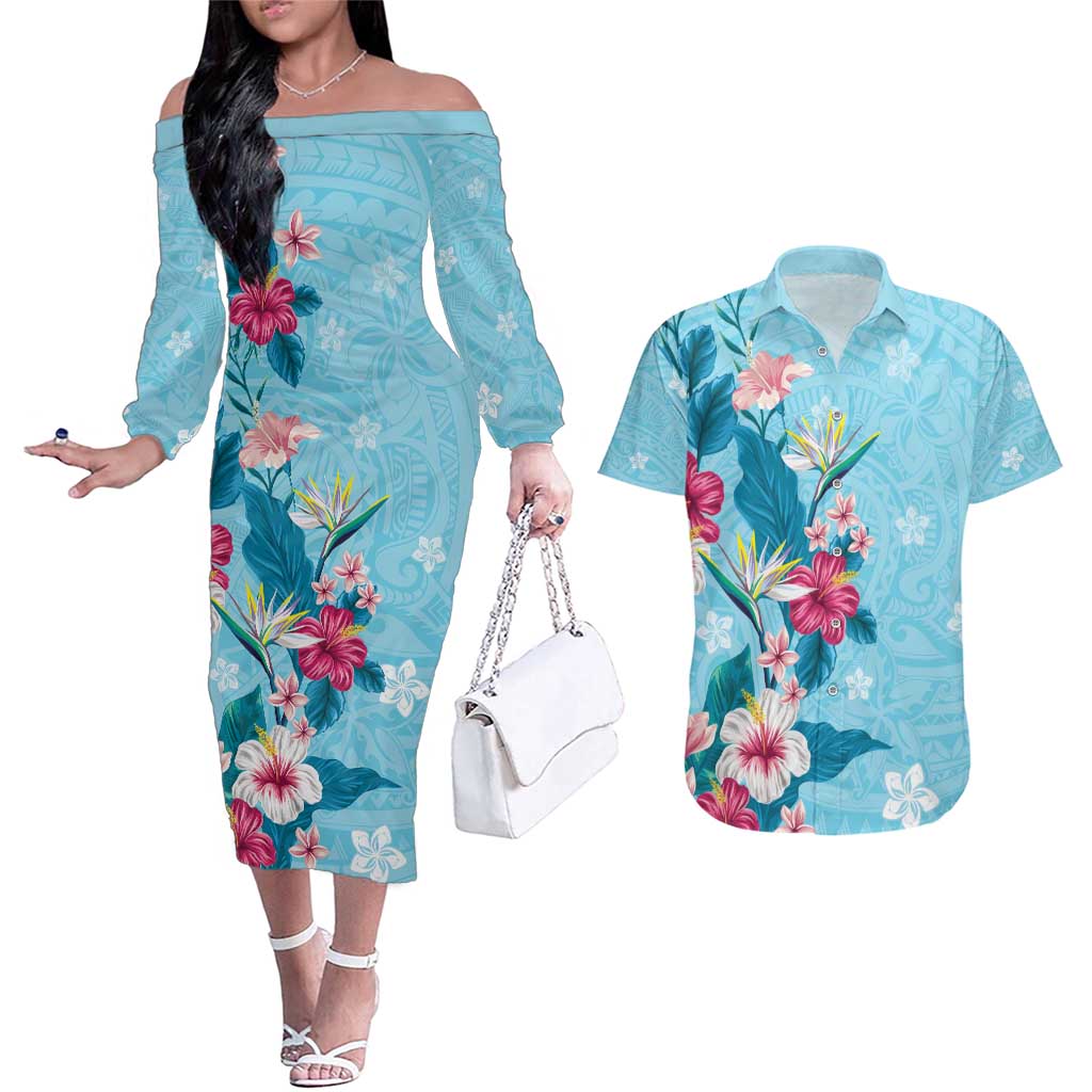 Hawaii Tropical Flowers Couples Matching Off The Shoulder Long Sleeve Dress and Hawaiian Shirt Polynesian Tattoo Sky Blue