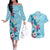 Hawaii Tropical Flowers Couples Matching Off The Shoulder Long Sleeve Dress and Hawaiian Shirt Polynesian Tattoo Sky Blue