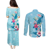 Hawaii Tropical Flowers Couples Matching Puletasi and Long Sleeve Button Shirt Polynesian Tattoo Sky Blue LT05 - Polynesian Pride
