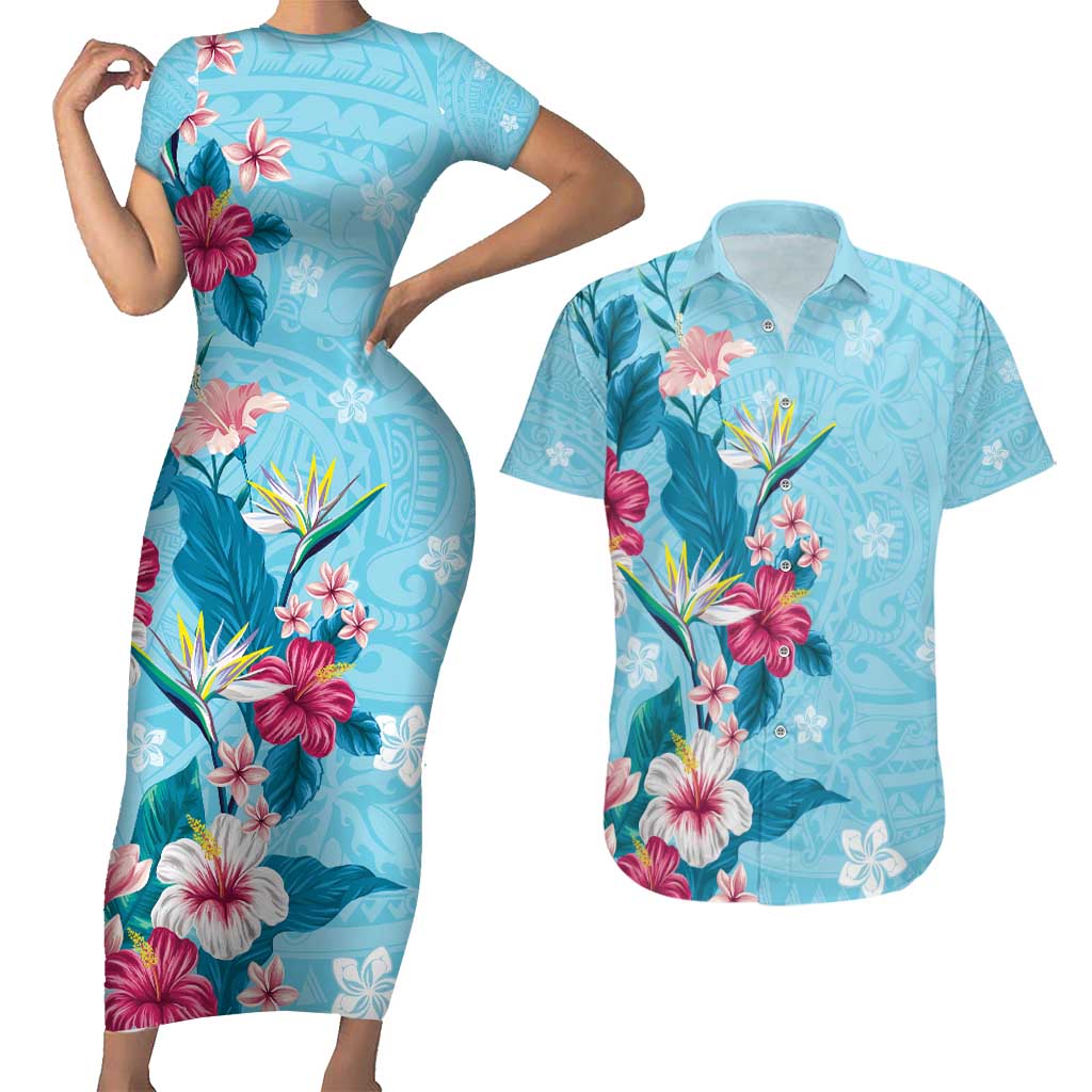 Hawaii Tropical Flowers Couples Matching Short Sleeve Bodycon Dress and Hawaiian Shirt Polynesian Tattoo Sky Blue LT05 Blue - Polynesian Pride