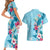 Hawaii Tropical Flowers Couples Matching Short Sleeve Bodycon Dress and Hawaiian Shirt Polynesian Tattoo Sky Blue