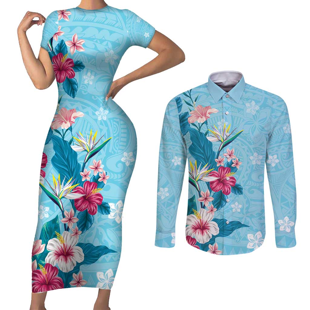 Hawaii Tropical Flowers Couples Matching Short Sleeve Bodycon Dress and Long Sleeve Button Shirt Polynesian Tattoo Sky Blue