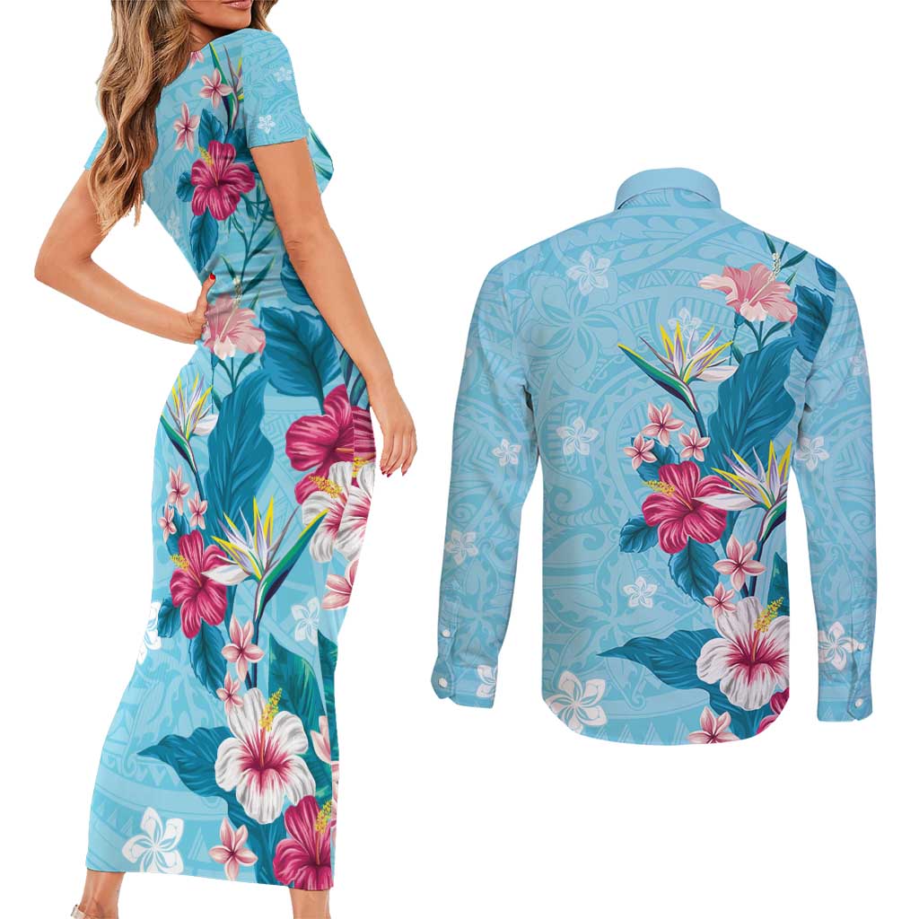 Hawaii Tropical Flowers Couples Matching Short Sleeve Bodycon Dress and Long Sleeve Button Shirt Polynesian Tattoo Sky Blue LT05 - Polynesian Pride
